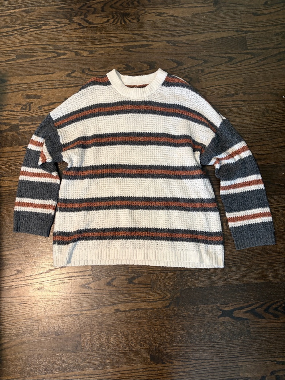 Striped Crewneck Sweater in White, Gray and Brown